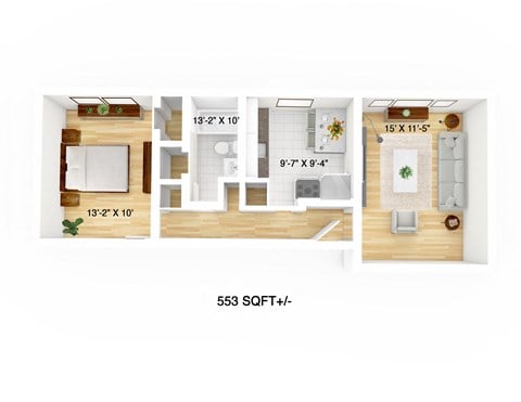 Floor plan for 1 bed, 1 bath, 553 sqft